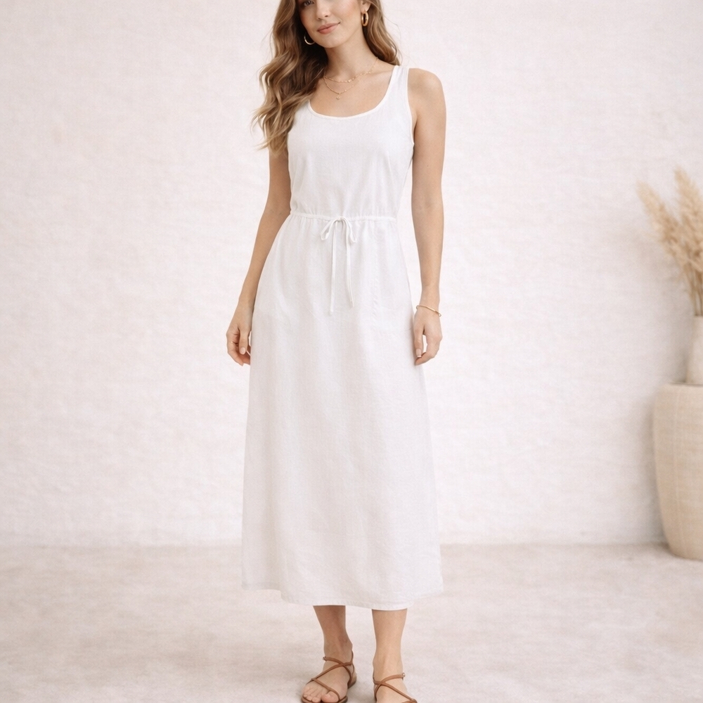 Eileen Fisher White Sleeveless Tie Waist Midi Dress Small? See Measurements